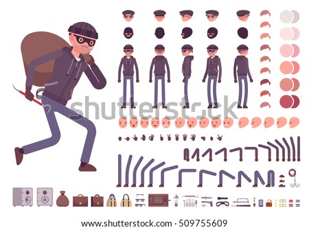 Male thief character creation set. Full length, different views, emotions, gestures, isolated against white background. Build your own design. Vector illustration