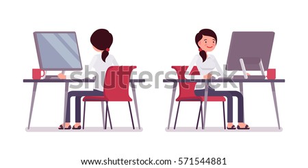 Young happy female clerk sitting at the desk and working at the computer, looking at screen, rear and front view, comfortable workspace, friendly office, effective employee, organized manager