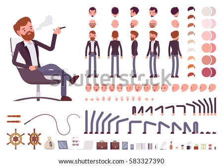 Male manager character creation set. Full length, different views, emotions, gestures, isolated against white background. Build your own design. Vector illustration
