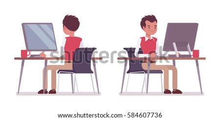 Set of smiling young male typical office worker in a business smart casual wear, sitting at office desk, working at the monoblock, looking at screen, rear and front view, isolated, white background