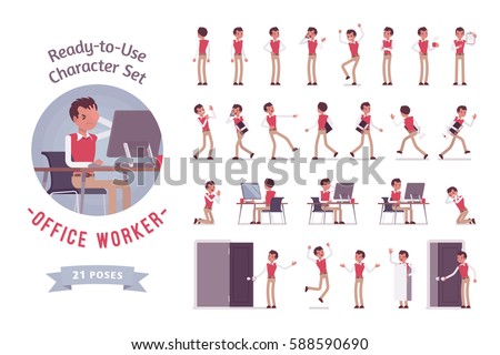 Ready-to-use character set. Male office worker in formal wear. Different poses and emotions, running, standing, sitting, walking, happy, angry. Full length, front, rear view isolated, white background