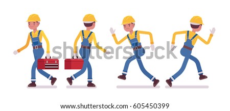 Set of male professional busy industrial service worker in running pose, wearing yellow protective hardhat, blue overall, holding red toolbox, full length, front, rear view, isolated, white background