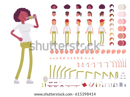 Teenager girl character creation set. Full length, different views, emotions, gestures, isolated against white background. Build your own design. Vector illustration