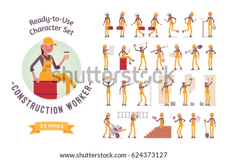 Ready-to-use character set. Young female worker in overall, Various poses and emotions, running, standing, walking, working. Full length, front, rear view isolated, white background