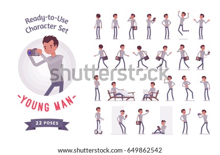 Ready-to-use character set. Young man, casual, skinny jeans, messenger bag, Various poses and emotions, running, standing, walking, working. Full length, front, rear view, isolated, white background