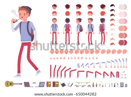 Teenager boy with backpack. Character creation set. Full length, different views, emotions, gestures, isolated against white background. Build your own design. Vector illustration