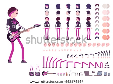 Emo girl character creation set, true black subculture look. Full length, different views, emotions, gestures, white background. Build your own design. Vector illustration