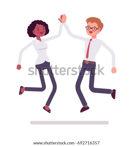 Male and female clerks jumping giving high five. Development, negotiation for success. Business communication concept. Vector flat style cartoon illustration, isolated, white background