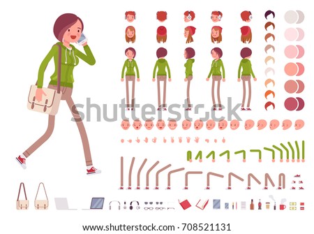 Teenager girl in a hoodie and pants, with shoulder bag. Character creation set. Full length, different views, emotions and gestures. Build your own design. Vector illustration