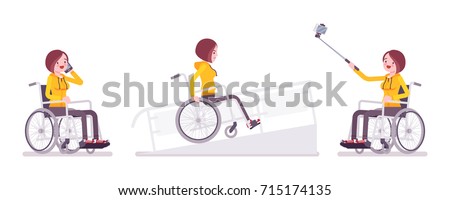 Disabled woman in wheelchair with phone, selfie camera, on ramp. Frustrations and fun. Physical disability and society. Vector flat style cartoon illustration, isolated, white background