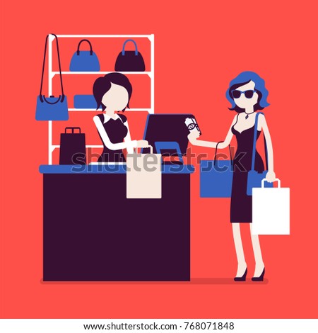 Woman paying with cash at handbags department. Young happy lady with bags near cashbox, customer shopping in mall and cashier at register. Vector illustration with faceless characters