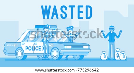 Wasted in video game. Player is injured and collapses, protagonist losing all of health, being shot or caught by the police. Vector line art illustration