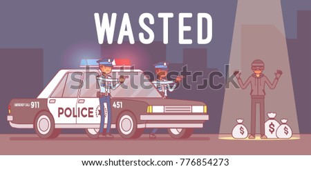 Wasted in video game. Player is injured and collapses, protagonist losing all of health, being shot or caught by the police. Vector line art illustration