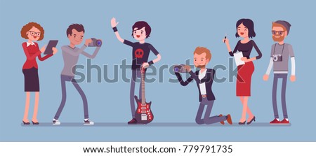 Famous rockstar and journalists. Young celebrated male pop musician, a singer with guitar, newspaper or magazine men writing, photographing him, gathering news. Vector flat style cartoon illustration