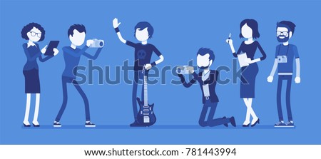 Famous rockstar and journalists. Young celebrated male pop musician, a singer with guitar, newspaper or magazine men photographing him, gathering news. Vector illustration with faceless characters