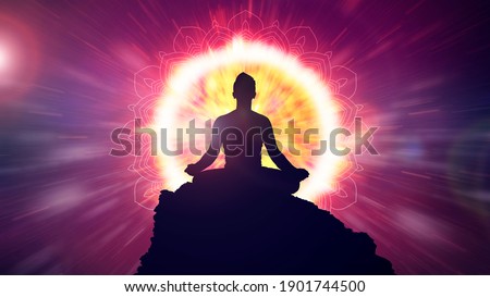 Power of meditation. Energy burst of chakra. Mindfulness power of awakening and self awerness. Great light of mental power. 3D rendering.