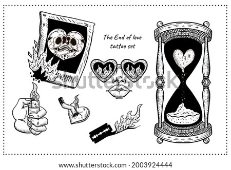 the end of love tattoo set: skull, fire, blade, hourglass, skull, fire, blade, hourglass, tears