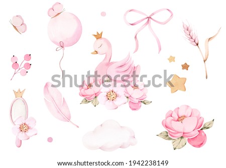 Watercolor pink Princess swan crown peony isolated clipart bow feather mirror cloud star Zdjęcia stock © 
