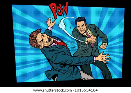 beating two fighting men, strong punch. Pop art retro vector illustration hand drawn comic cartoon