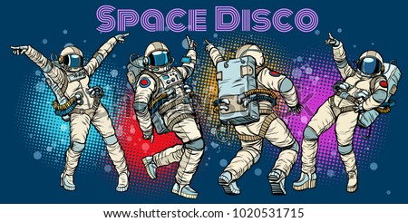 Disco party astronauts dancing men and women. Pop art retro comic book vector cartoon hand drawn illustration