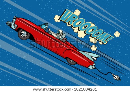 Astronaut sitting behind the wheel of a car. Pop art retro vector illustration comic cartoon hand drawn vector