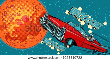 The astronaut driver in car on Mars. Pop art retro vector illustration comic cartoon hand drawn vector