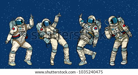 Disco party astronauts dancing men and women. Pop art retro comic book vector cartoon hand drawn illustration