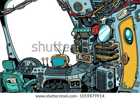 Navigational cabin of the spaceship. Pop art retro vector illustration comic cartoon kitsch drawing