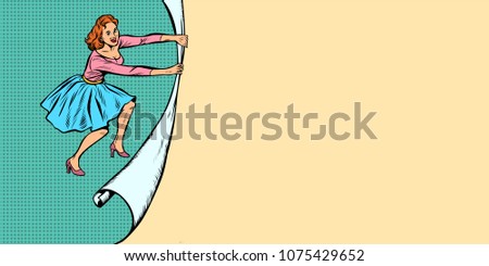 woman unfolds paper copy space background. Pop art retro vector illustration cartoon comics kitsch drawing