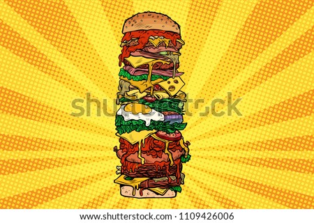 Huge Burger tower. Street fast food. Pop art retro vector illustration kitsch vintage drawing
