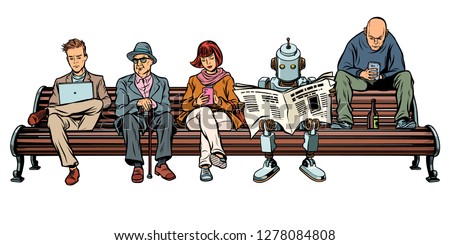 People and a robot sitting on a Park bench. Pop art retro vector illustration kitsch vintage