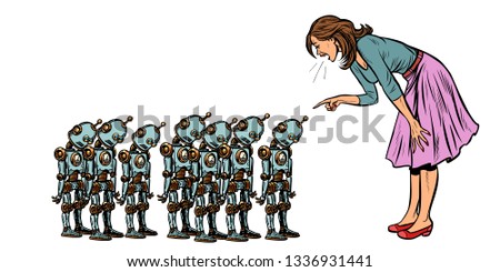 learning artificial intelligence concept, woman swears at small robots. Pop art retro vector illustration vintage kitsch 50s 60s