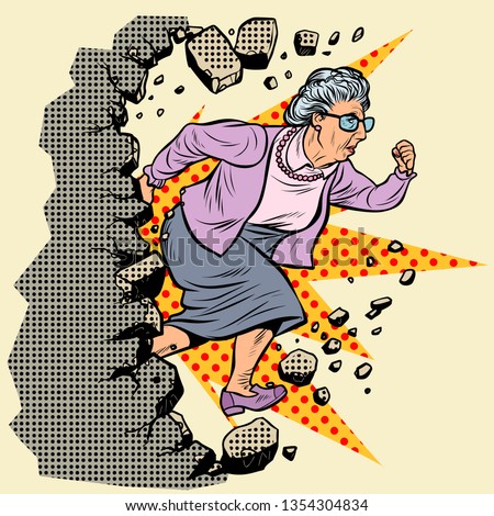 active old Granny pensioner breaks the wall of stereotypes. Moving forward, personal development. Pop art retro vector illustration vintage kitsch
