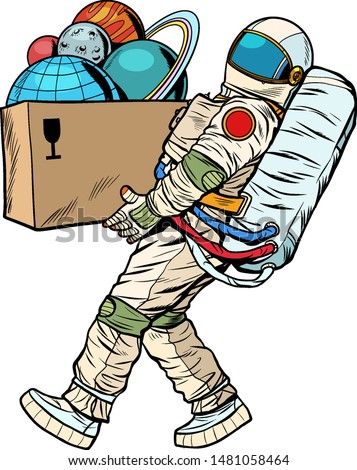 space exploration concept. astronaut takes the planet in a box. Pop art retro vector stock illustration drawing