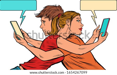 A couple of young men and a girl with smartphones. Pop art retro vector illustration 50s 60s style