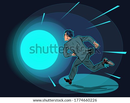 Death a man runs in a tunnel of light. Pop art retro vector illustration kitsch vintage 50s 60s style