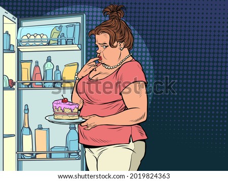 Fat woman at the open refrigerator with food, obesity and excess weight