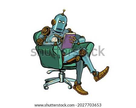 A robot psychotherapist is in a psychotherapy session, sitting in a chair and making notes in a notebook