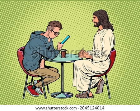 Jesus is waiting for you, savior and busy man at the table. Christianity and religion, preaching and faith