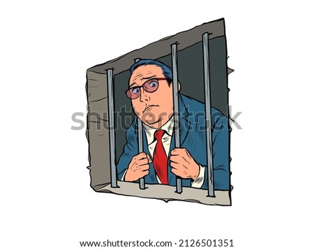 The businessman is a criminal. A man is in prison behind bars. Corrupt politician. pop art Retro vector Illustration 50s 60s kitsch Vintage style