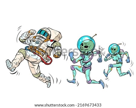 Aliens are chasing an astronaut. Kidnapping. UFOs and ufology. Pop Art Retro Vector Illustration Kitsch Vintage 50s 60s Style