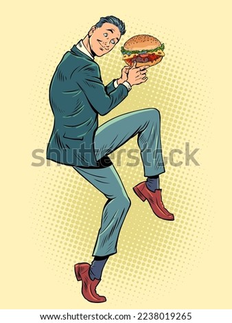 Businessman in a funny pose. whopper burger in hands, street food. pop art retro vector illustration kitsch vintage 50s 60s style