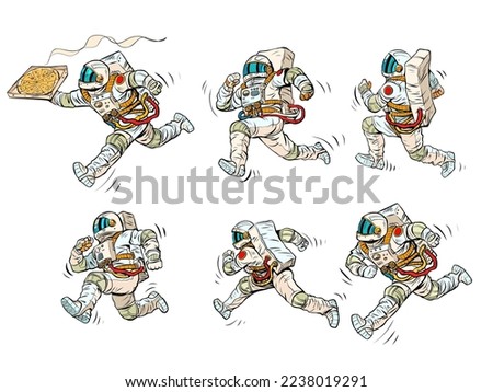 set collection astronauts run, space race. Sports and a healthy lifestyle. People in spacesuits. Pop Art Retro Vector Illustration Kitsch Vintage 50s 60s Style
