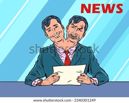 Duplicity of the media towards themselves and their viewers. The mask that the hosts of the show have to wear. A man in a suit with two heads, one happy and the other angry. Pop Art Retro Vector