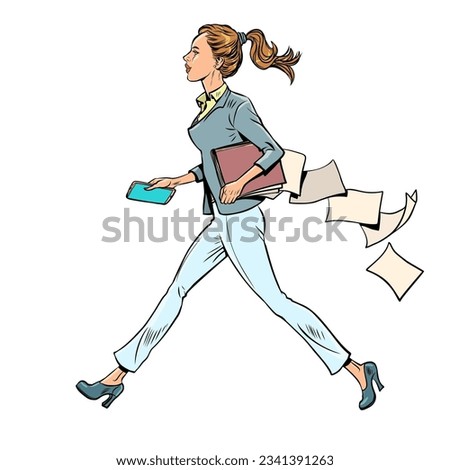 Morning work routine of an office worker. A girl in a suit is in a hurry to go to work or a meeting, and she has papers from documents lying around. Pop Art Retro Vector Illustration Kitsch Vintage