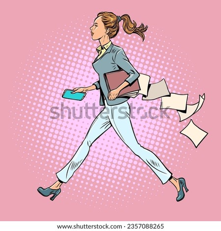 Morning work routine of an office worker. A girl in a suit is in a hurry to go to work or a meeting, and she has papers from documents lying around. Pop Art Retro Vector Illustration Kitsch Vintage
