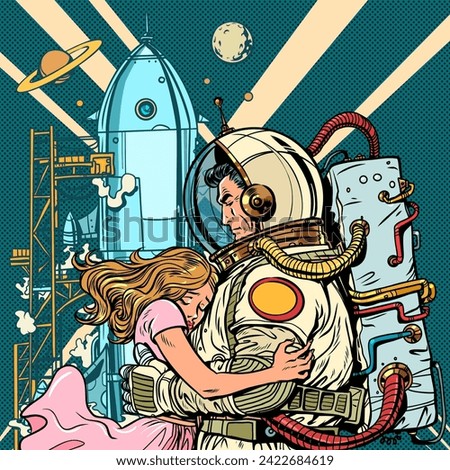 An astronaut says goodbye to his beloved against the backdrop of a space rocket launch. Love overcomes all boundaries and all trials. Work requires sacrifice. Pop Art Retro Vector Illustration Kitsch