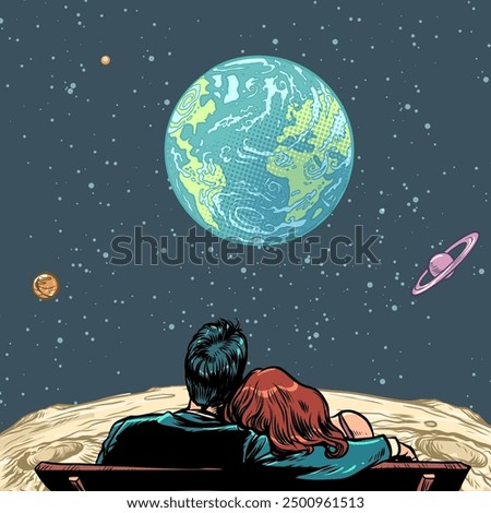 A couple of a man and a woman are sitting on a bench and looking at the planet. Lovers are always together. Universal love erases boundaries. Pop Art Retro Vector Illustration Kitsch Vintage 50s 60s