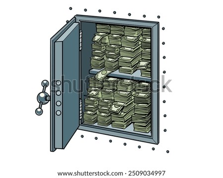 There are a lot of banknotes inside the metal safe. Security of financial investments and their leakage. Advantageous bank offers for clients and their money. Pop Art Retro Vector Illustration Kitsch