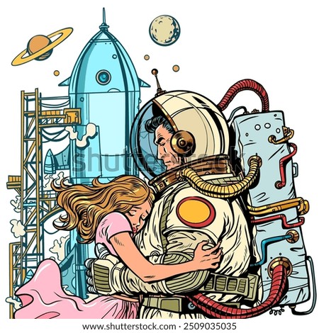 An astronaut says goodbye to his beloved against the backdrop of a space rocket launch. Love overcomes all boundaries and all trials. Work requires sacrifice. Pop Art Retro Vector Illustration Kitsch